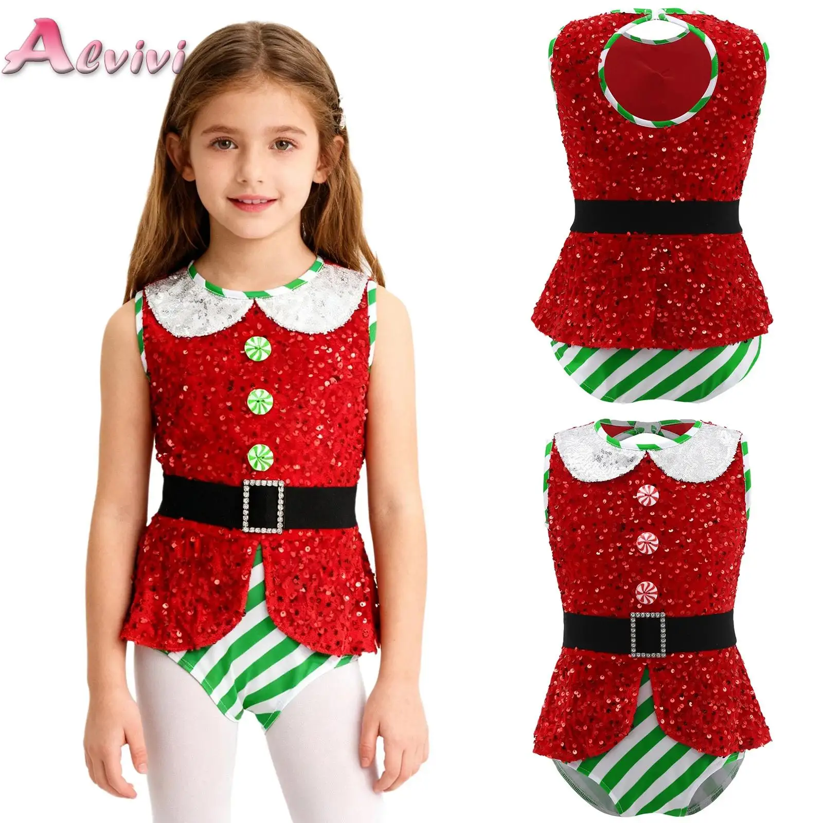 

Kids Girls Christmas Elf Costume Sequin Candy Cane Ballet Dance Gymnastics Leotard Holiday New Year Party Performance Bodysuit