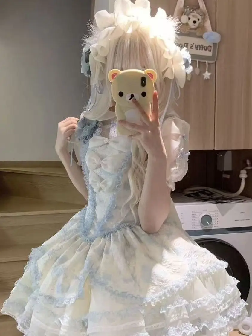 Lolita Design Summer Sweet Date Dress Jasmine Rain Princess Loli Strap Fishbone Dress Academy Style Long Sleeve  Collar