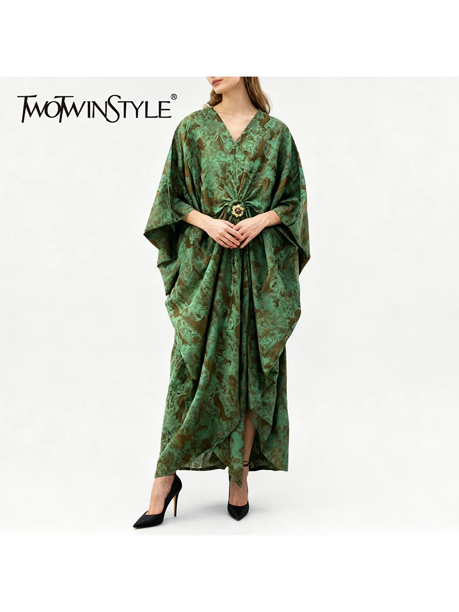TWOTWINSTYLE Afdrukken Gesplitste Plooien Temperament Jurken voor Vrouwen V-hals Halve Mouwen Patchwork Lovertjes Lange Jurk Vrouwelijke Nieuwe