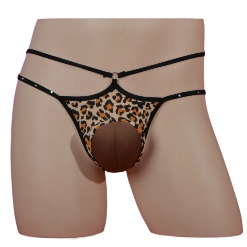 Men Sexy Thong G-String Camel Toe Underwear Leopard Printed Thin Belt Hollow Bow Underpants Low Rise T-Back Briefs