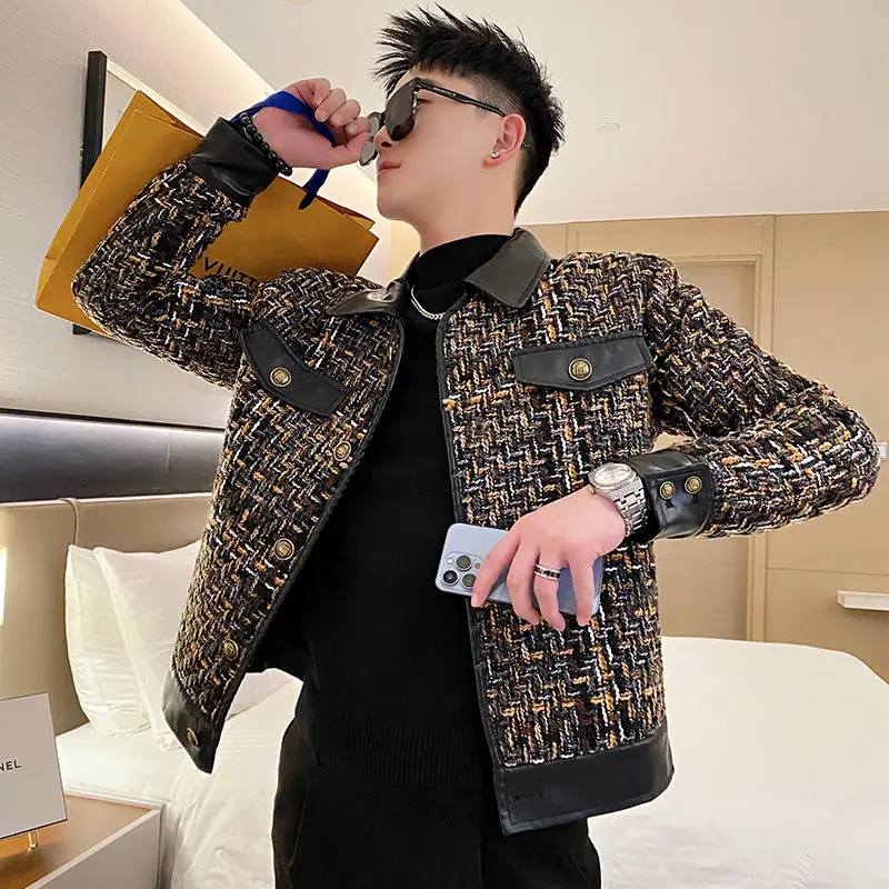 

Woven Jacket Men's Spring Autumn Fashion Brand Lapel Men's Top 2024New Casual Patchwork Leather Coat Youth Trend Turndown Collar