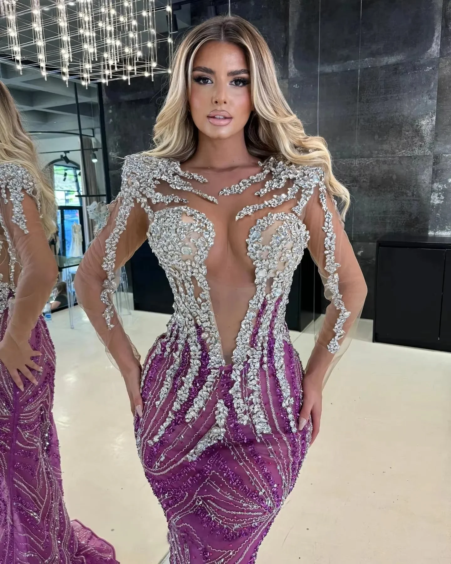 Purple Long Sleeves Middle Eastern Evening Dresses Luxury Beaded Saudi Arabia Dubai Robe De Soiree Prom Dress Gown Customized