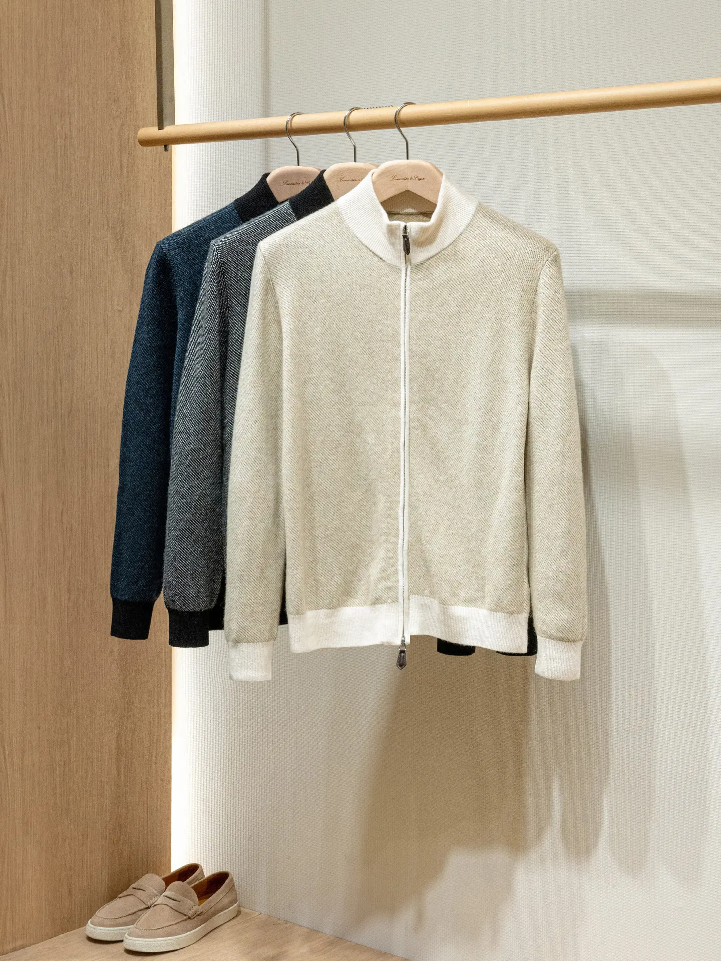 Italian BC 100% wool floral yarn mixed color stand-up neck full zip knitted cardigan sweater jacket