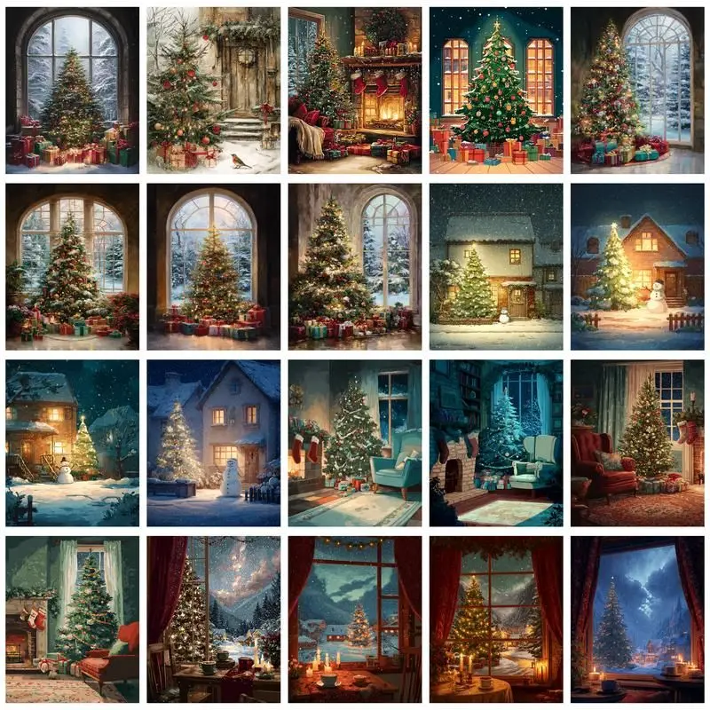 CHENISTORY-Kits de paisaje de árbol de Navidad para colorear por número, pintura al óleo artesanal por número, dibujo sobre lienzo, decoración del hogar pintada a mano