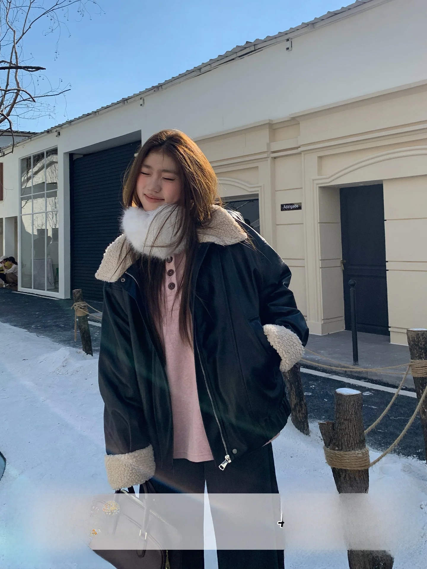 

Korean Sle Women's Lamb Fur Jaet Warm Loose Motorcycle Leather Coat Orange Tree Where Are You Winter High Faion Sense