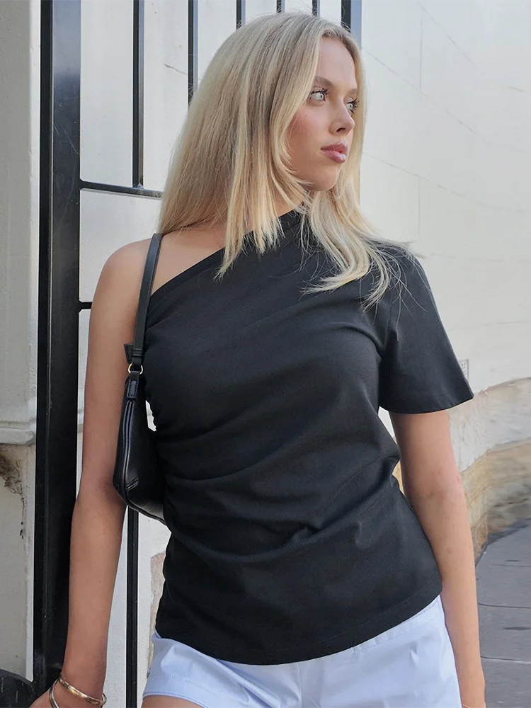 

Absobe Summer Cotton One Shoulder Short Sleeve T-shirt Women's Asymmetrical Neck Pleats Solid Color Casual Besic Tee Streetwear