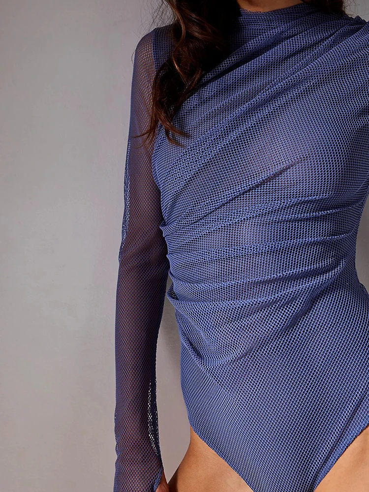 

2026 New Spring Summer O-neck Slim Fit Jumpsuit See Through Pleats Long Sleeved Sexy Playsuit Casual Solid Color Tight Jumpsuit