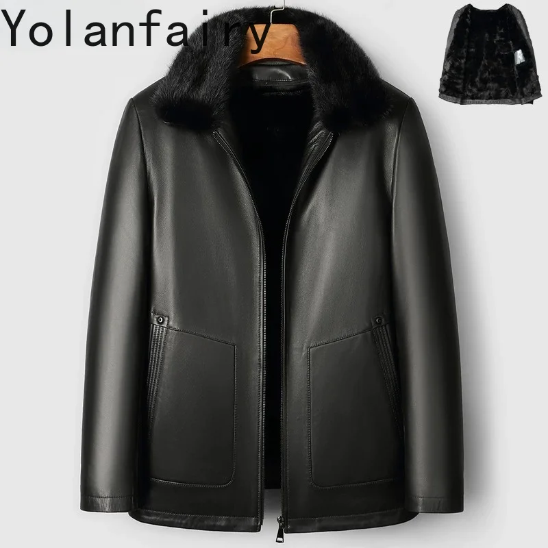 YOLANFAIRY 100% Genuine Sheepskin Leather Jacket Men Winter Luxury Mink Fur Liner Man Real Fur Coat 2026 Warm Leather Fyur Coats