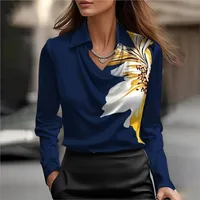 Elegant Women's Satin Shirt Blouse New Print V-neck Swing Neck Long-sleeved Solid Color Loose Shirt Casual Top Office Ladies 6