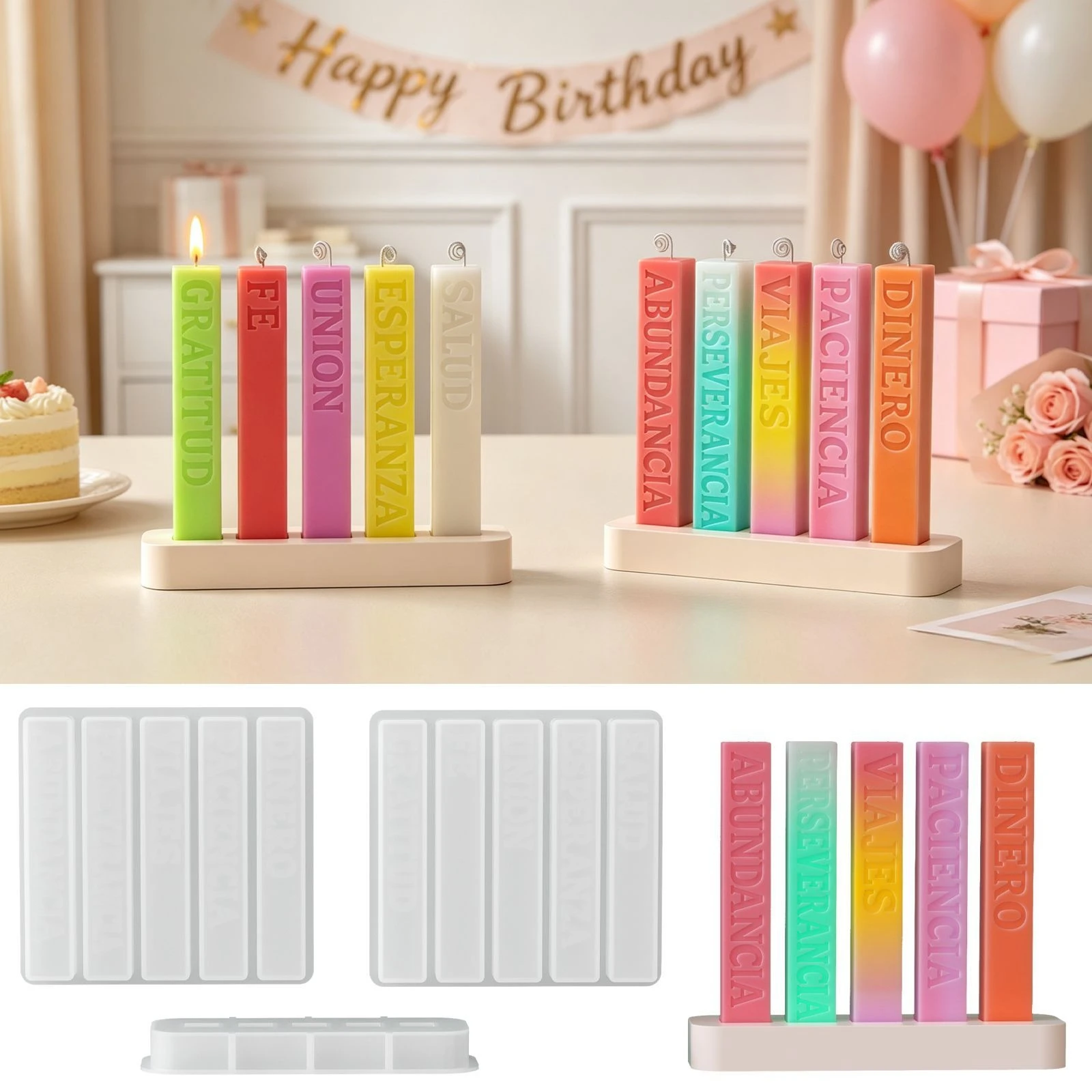 Spanish Greetings Candle Mold DIY Rectangular Candle Stick Gift For Family Friend Teacher Casting Plaster Ornaments Resin Mold
