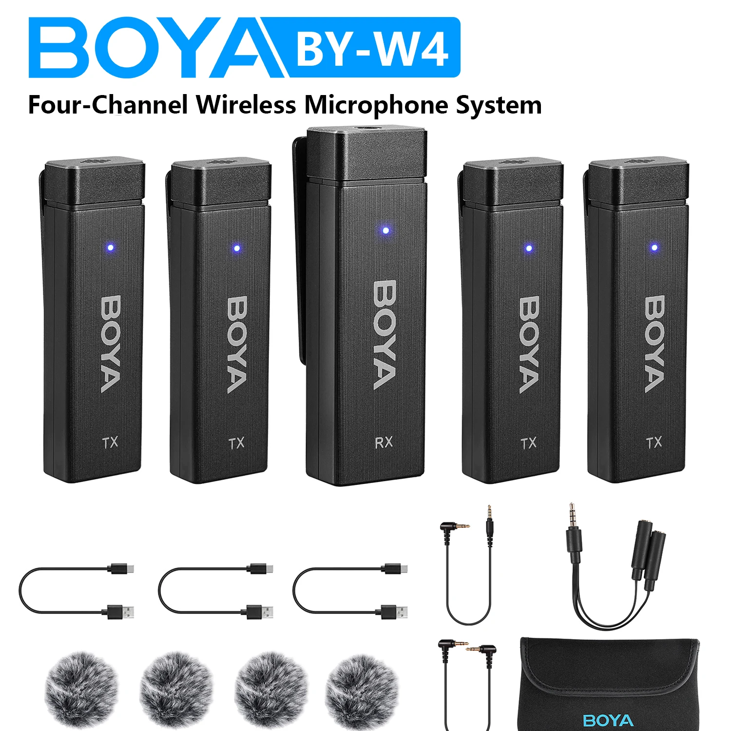 

BOYA BY-W4 4-channel Wireless Lavalier Microphone for iPhone Camera Smartphone Youtube Live Streaming Audio Recording Vlog