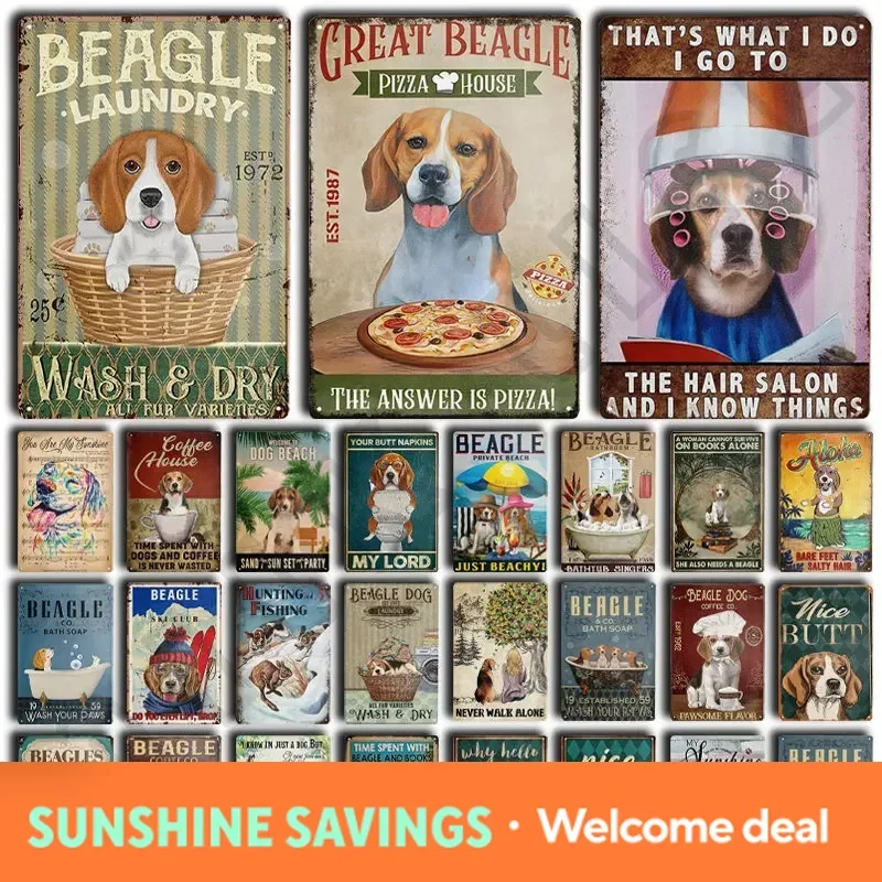Funny Beagle Dog Metal Tin Sign Plate Retro Art for Bathroom Kitchen Restaurant Dessert Shop Pet Shop Farmhouse Home Room Dec