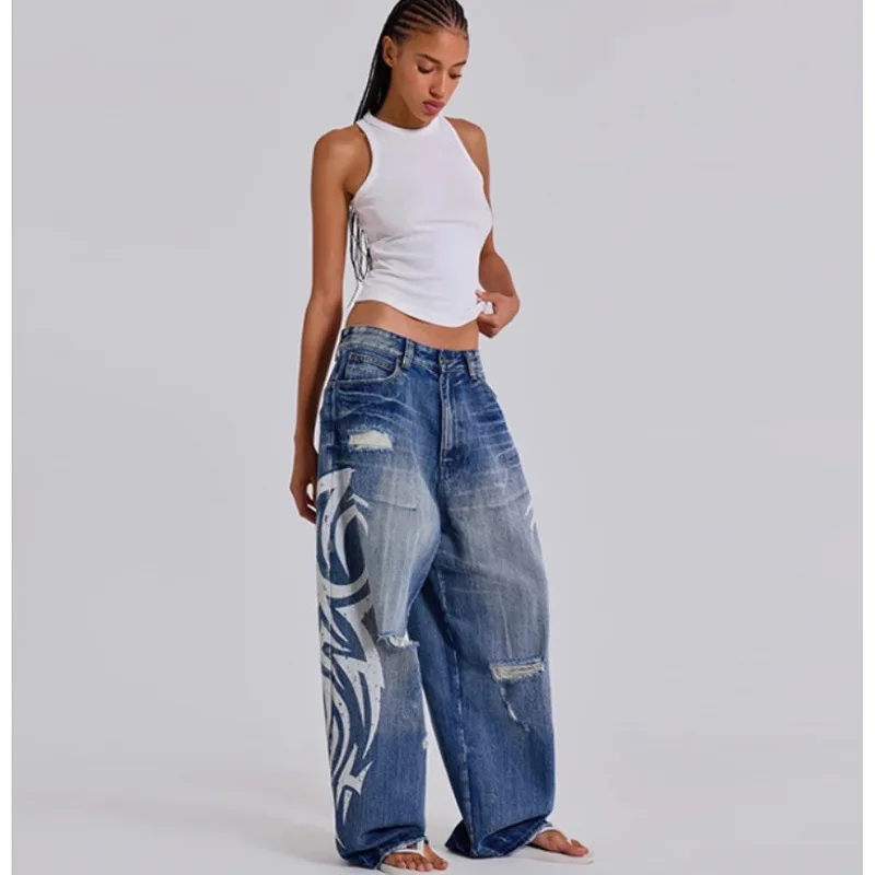 Jaded london jeans vintage high street tide gangster handsome mottled totem print wide leg old loose men and women