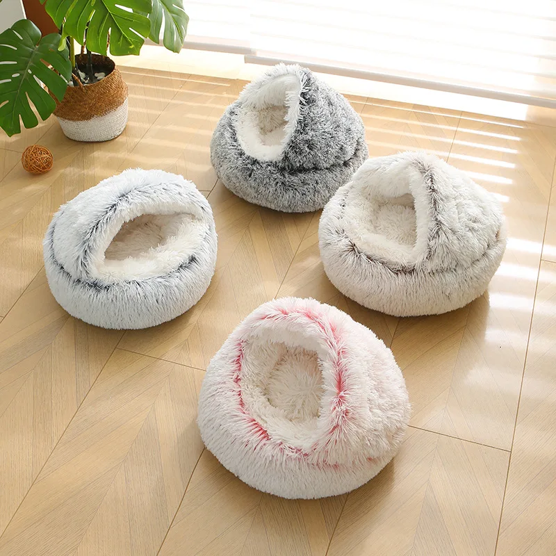 Semi enclosed cat nest long plush pet cat bed, dog nest warm dog bed, enclosed cat nest shell semi wrapped circular