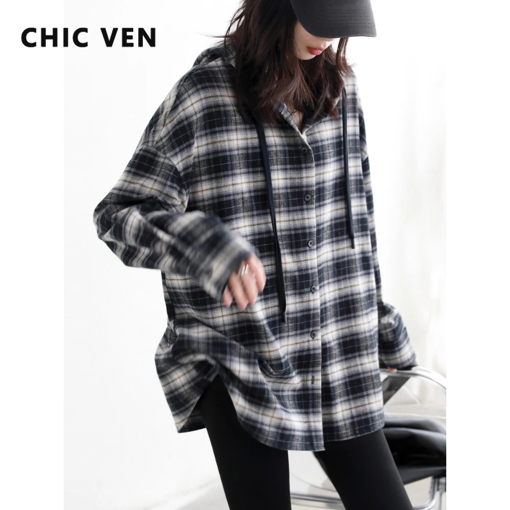 CHIC VEN Korean Women Shirt New Cotton Brushed Hooded Plaid Blouses Long Sleeved Oversize Female Coat Autumn Winter 2025