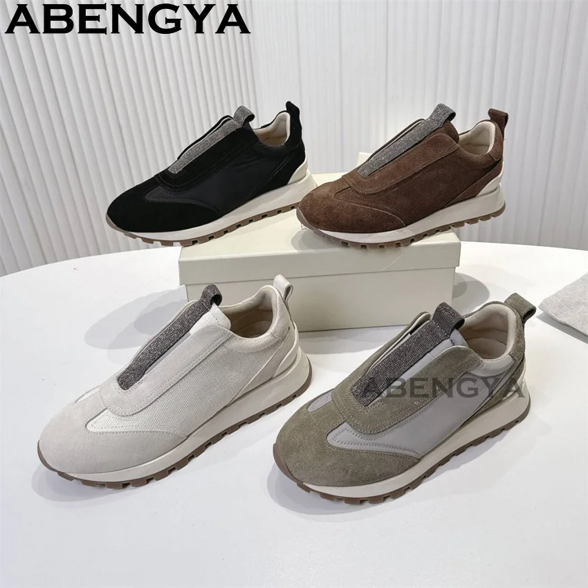 

Разноцветные женские кроссовки на толстой подошве из натуральной замши, повседневные, на плоской подошве, высокого качества