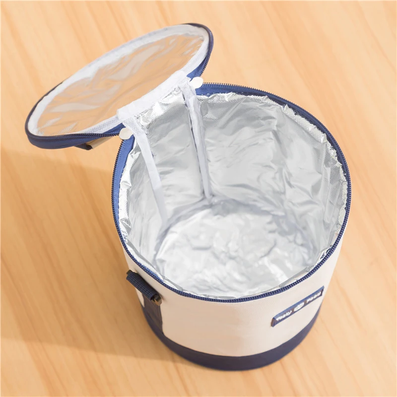Large Capacity Portable Lunch Bag Fresh-Keeping Cylindrical Insulated Lunch Box Tote Round Aluminum Foil Food Thermal Cooler Bag