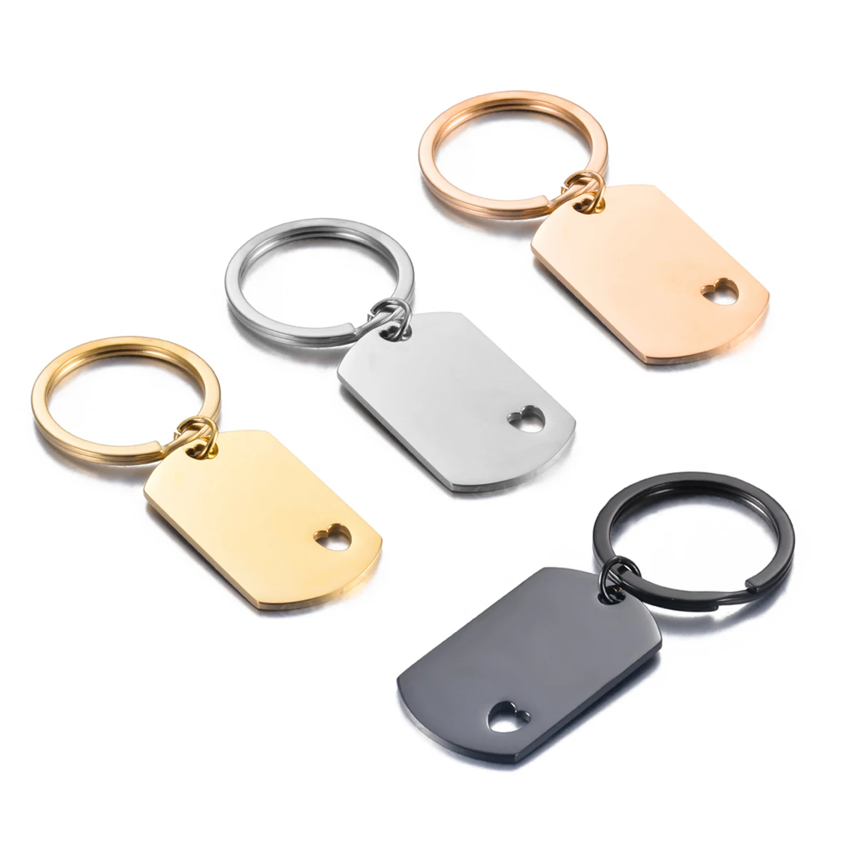 4PCS  Blank ID Tag Stainless Steel Rectangle with Heart Keychain For DIY Accessories Custom Logo Name Women Men Keychain Ring