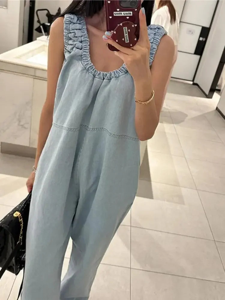 Blue Casual Summer Sleeveless Wash Vest Denim Jumpsuit Women Pleated Vintage Overalls Jumpsuits Streetwear Loose Clothes Fashion