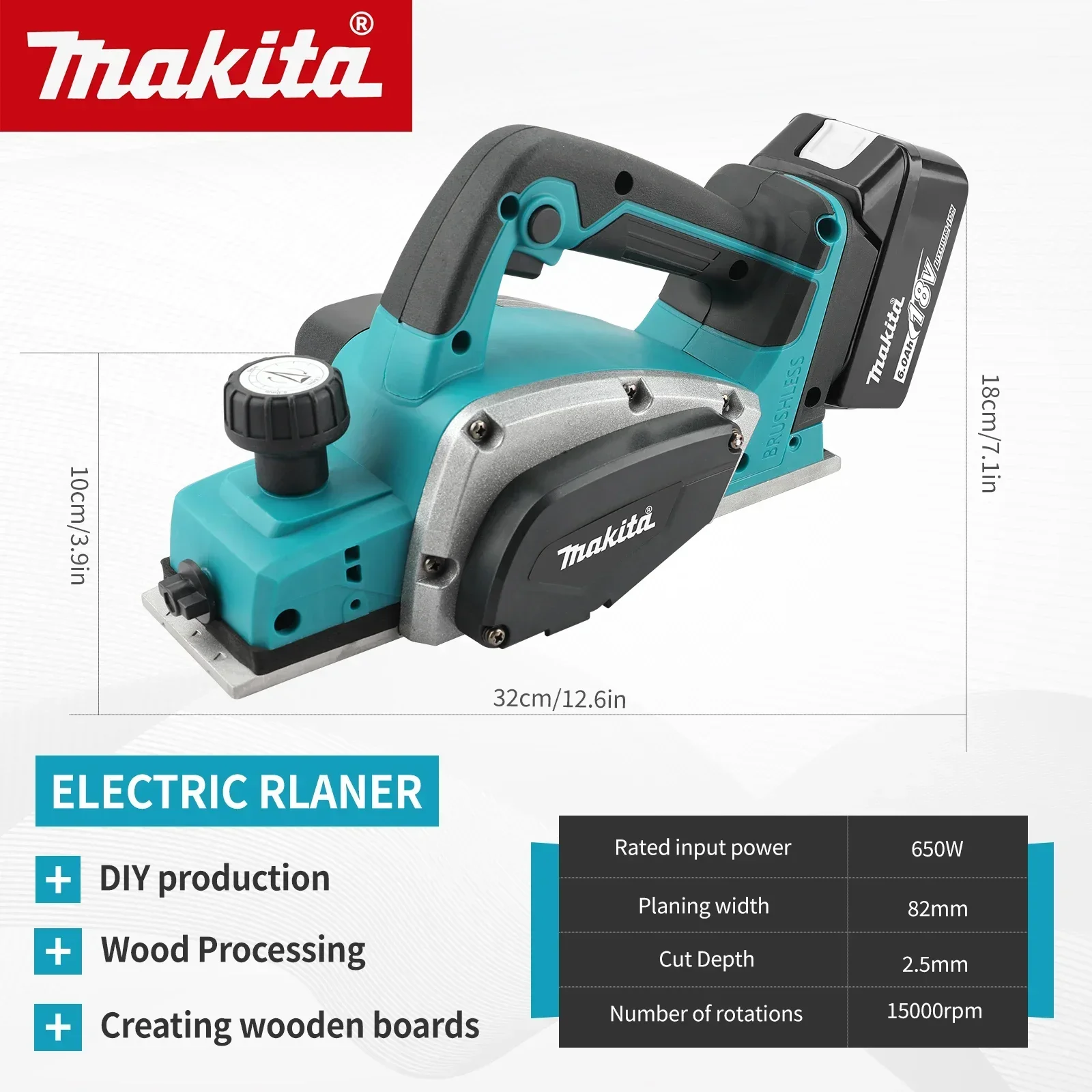For Makita DKP180 Electric Planer 18V 82mm Planing Width 15000RPM High Speed with Dust Collection Port forSurfaceSmoothing tools