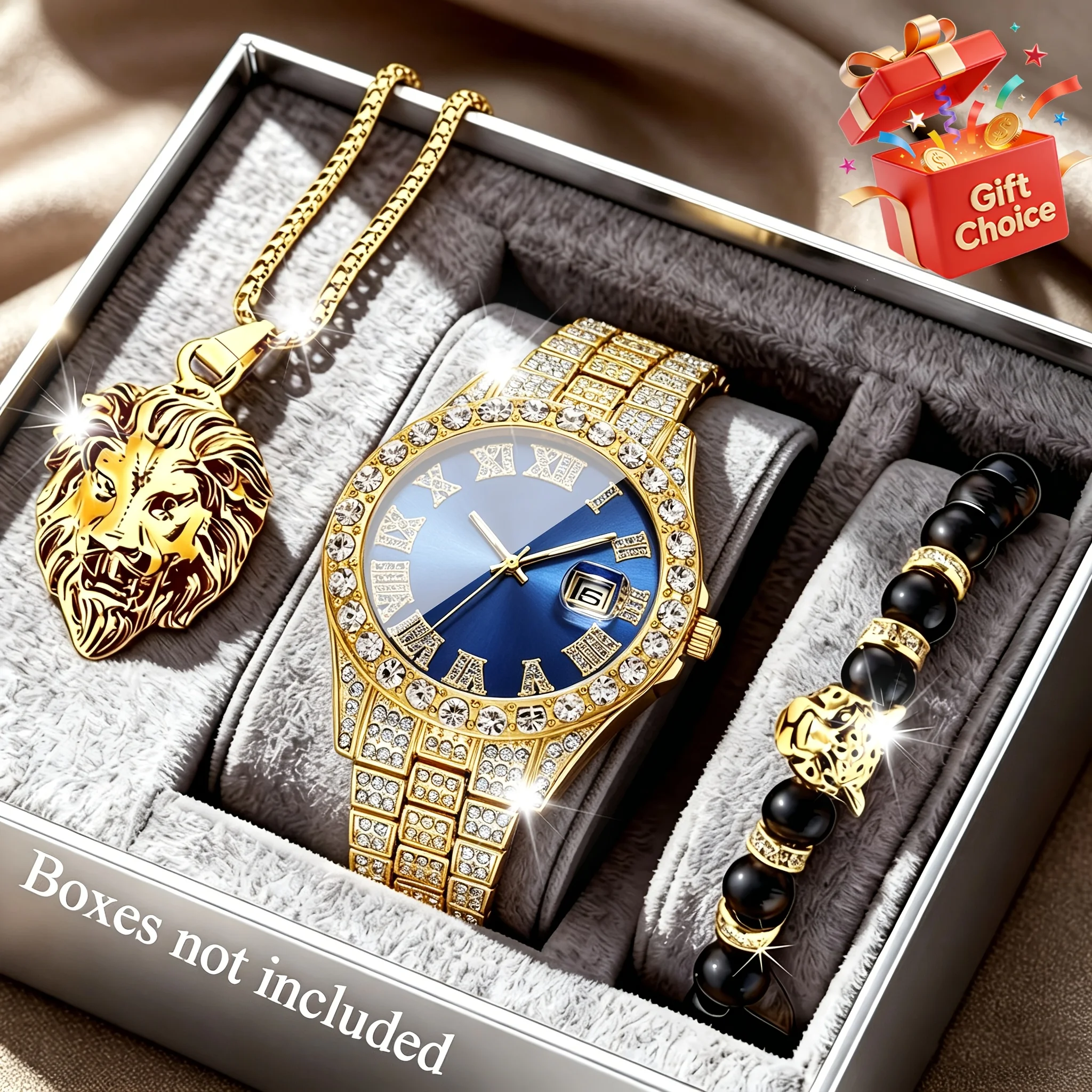 

3pcs of men's fashion watches, equipped with exquisite leopard print bracelet and lion head necklace combination set