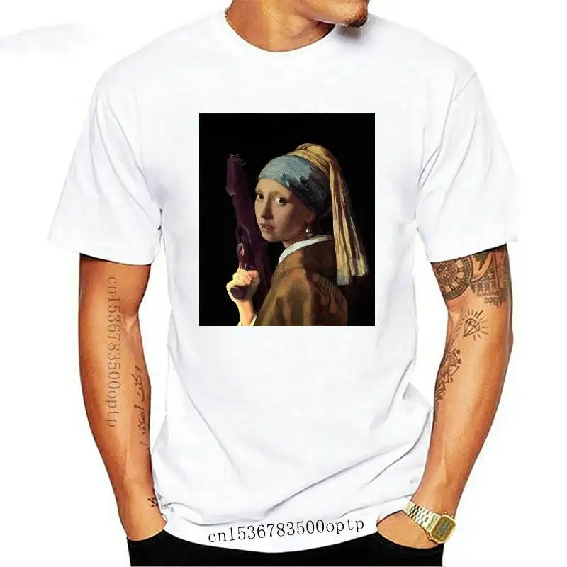 Girl With A Pearl Earring Holding A Ray Gun Johannes Vermeer T-Shirts Men Art Cotton Tees Short Sleeve T Shirts New Arrival Tops