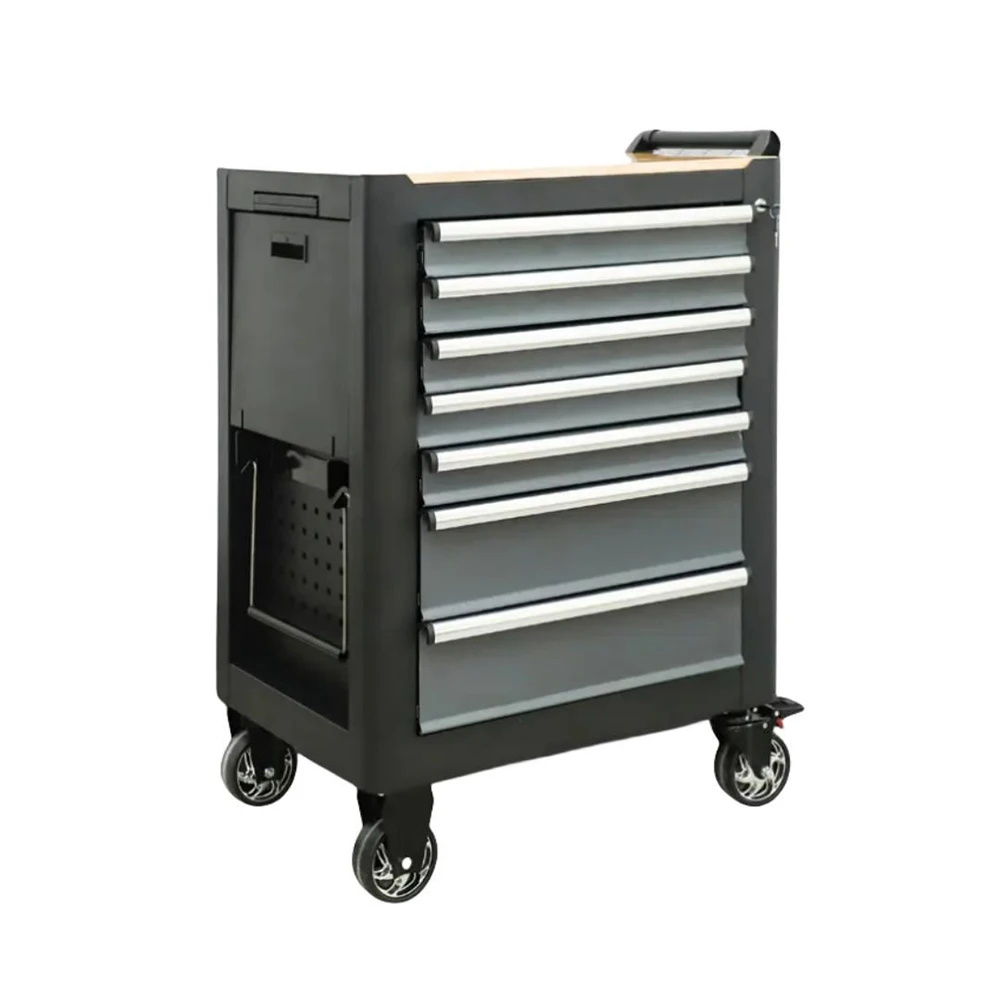 7-Drawer Tool Trolley Tool Cabinet With Wooden Countertop And Side Door