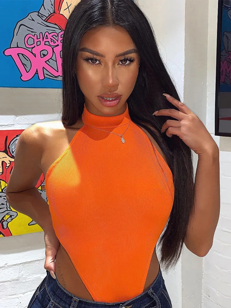 Sexy High Street Bodycon Neon Bodysuits Summer Colorful Sleevelss Backless Ftness Outfit Club Party Jumpsuit Combinaison Femme