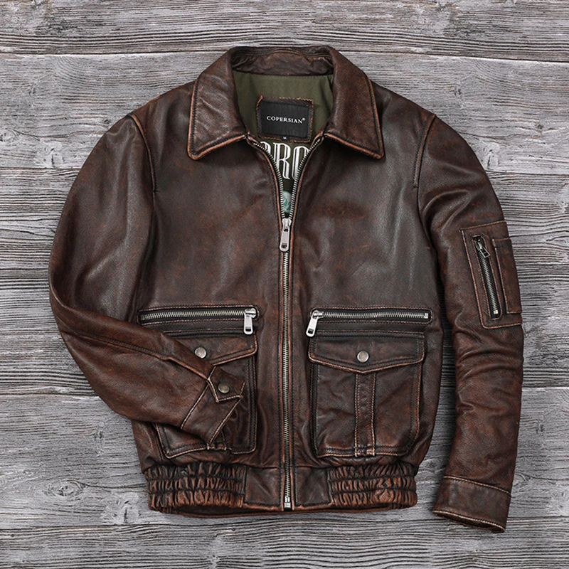 Men Stone Distressed Genuine Leather Jacket New Top Layer Cowhide Air Force Flight Jackets Vintage Fashion Redbrown Corium Coat