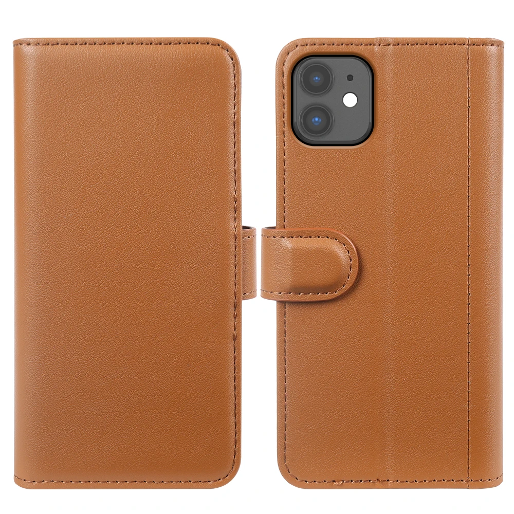 

For iPhone 11 Phone Cases Genuine Split Leather Wallet Mobile Cover Stand - Light Brown