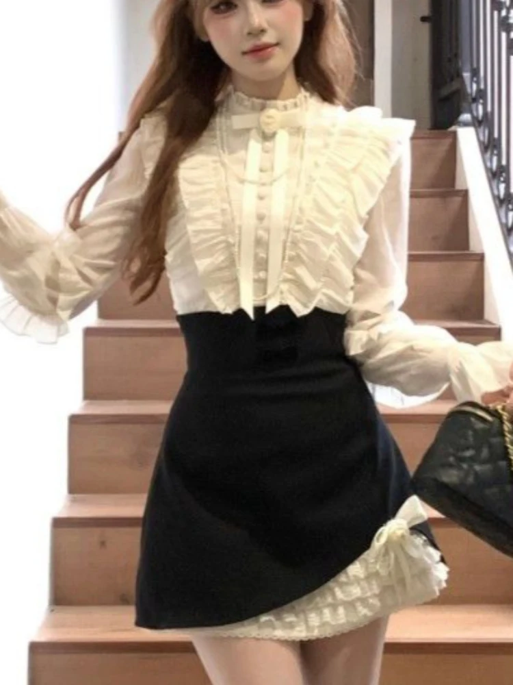 

Французский милый элегантный комплект принцессы из 2 предметов, женская винтажная блузка с оборками и длинными рукавами, топы + мини-юбки, японский шикарный наряд Y2k