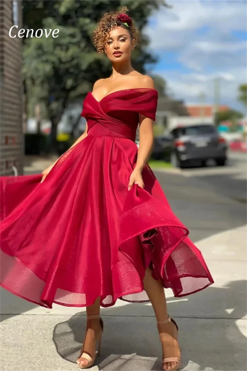 

Cenove A-Line Long Evening Gown Formal Elegant Prom Knee-Length Red V-Neck New Party Dresses for Women 2023