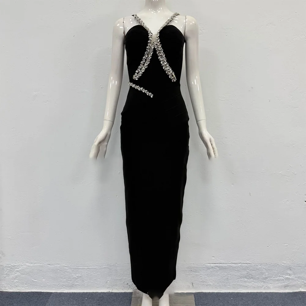 Luxury Rhinestone Halter Dresses Sleeveless Backless Shinning Crystal Bodycon Bandage Long Dress Celebrity Evening Party Gowns