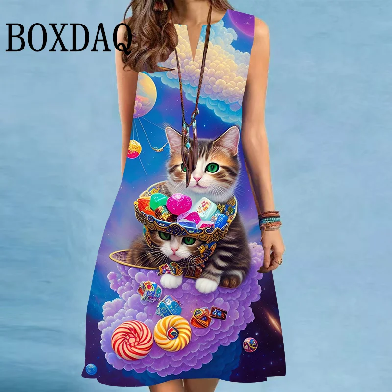 Fantasy Cute Cats Women Kawaii Dresses Elegant Casual Party Sleeveless 3D Print Dress New Spring Fashion Street Hipster Dresses