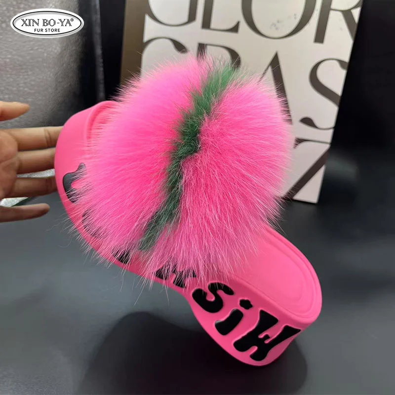 

Women's Slippers Sandals Shoes For Woman Luxury Fluffy Fox Fur Slippers Designer Flip Flops Non-Slip Soft Sole Beach Fur Slides