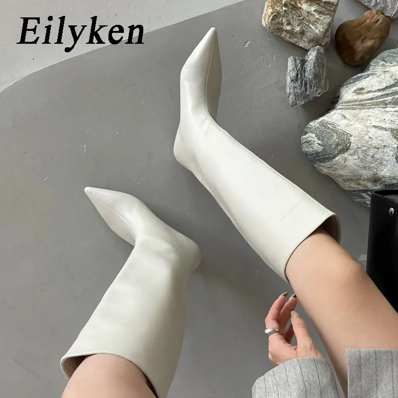 Eilyken High Quality Soft Leather Pointed Toe Knee-High Boots Woman Cosy Slip-On Low Heels Spring Autumn Ladies Shoes