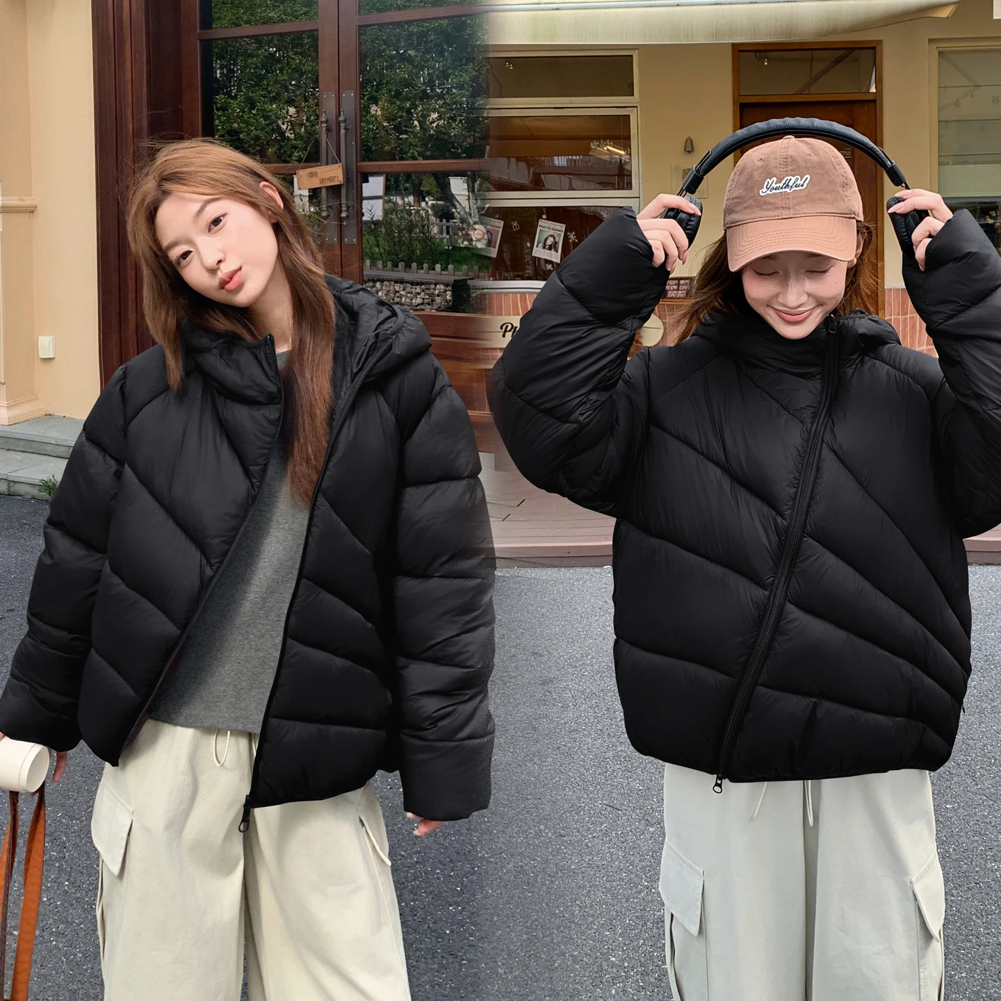 2026 New Women's Autumn Winter Hooded Cropped Quilted Overcoat Diagonal Stitch Zip Closure Light Warm Ladies Outer Garment