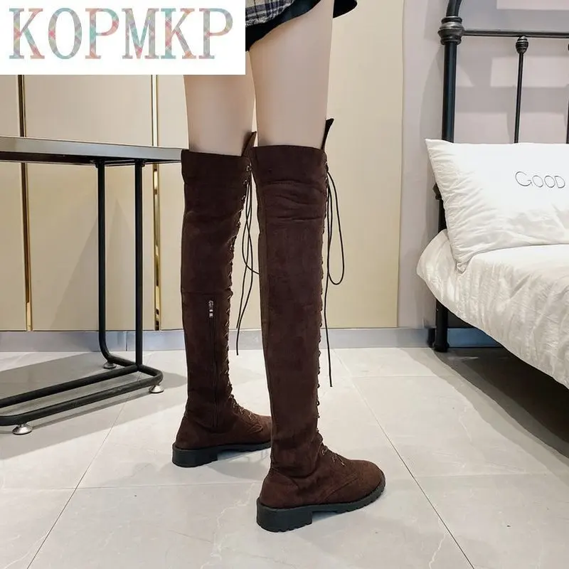 2022 Sexy Over Knee Boots Women Rome Lace-up Boots Women Flats Shoes Woman Flock Long Boots Botas Winter Thigh High Boots 34-43