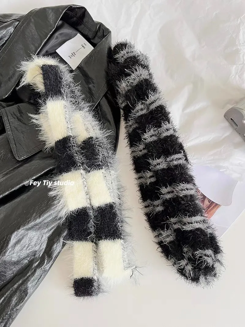 Japanese Black White Stripe Long Scarf Korean Y2k Cute Kawaii Plush Knitted Scarves Women Girl Winter Warm Scarf Streetwear