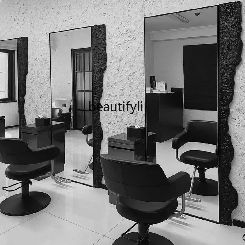 

Hair Salon with Light Stainless Steel Barber Mirror Single Double-Sided Floor-Type Hair Cutting Dressing Table