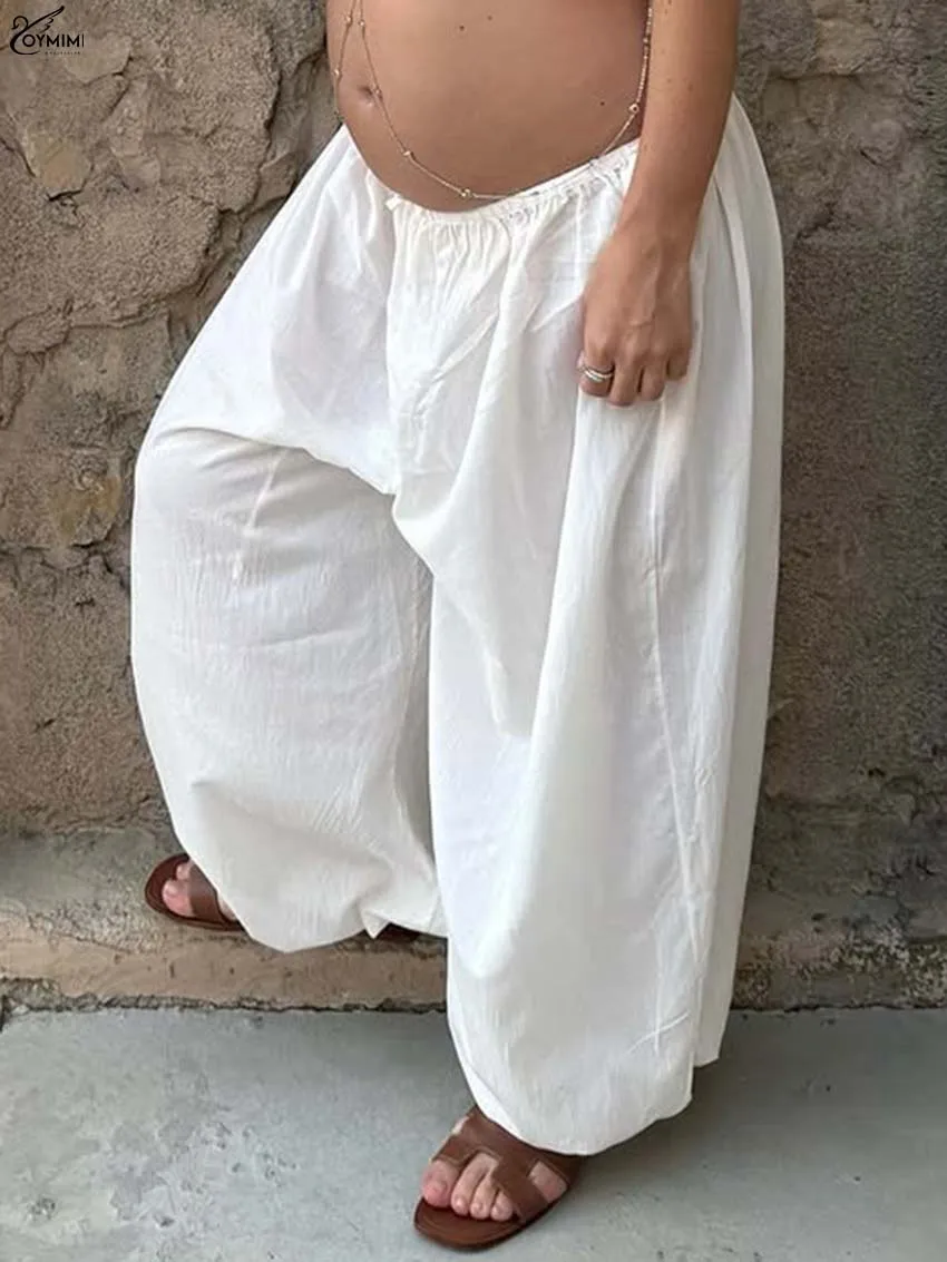 Oymimi Casual White Cotton Women's Pants Fashion Drawstring Low Waisted Trousers Autumn New Loose Ankle-Length Pants Streetwear