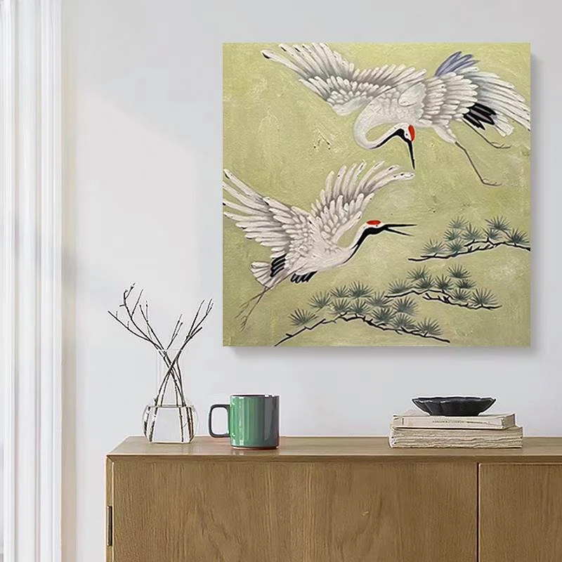 pure hand-painted oil painting retro Chinese wind pine and crane texture three-dimensional new Chinese style entrance