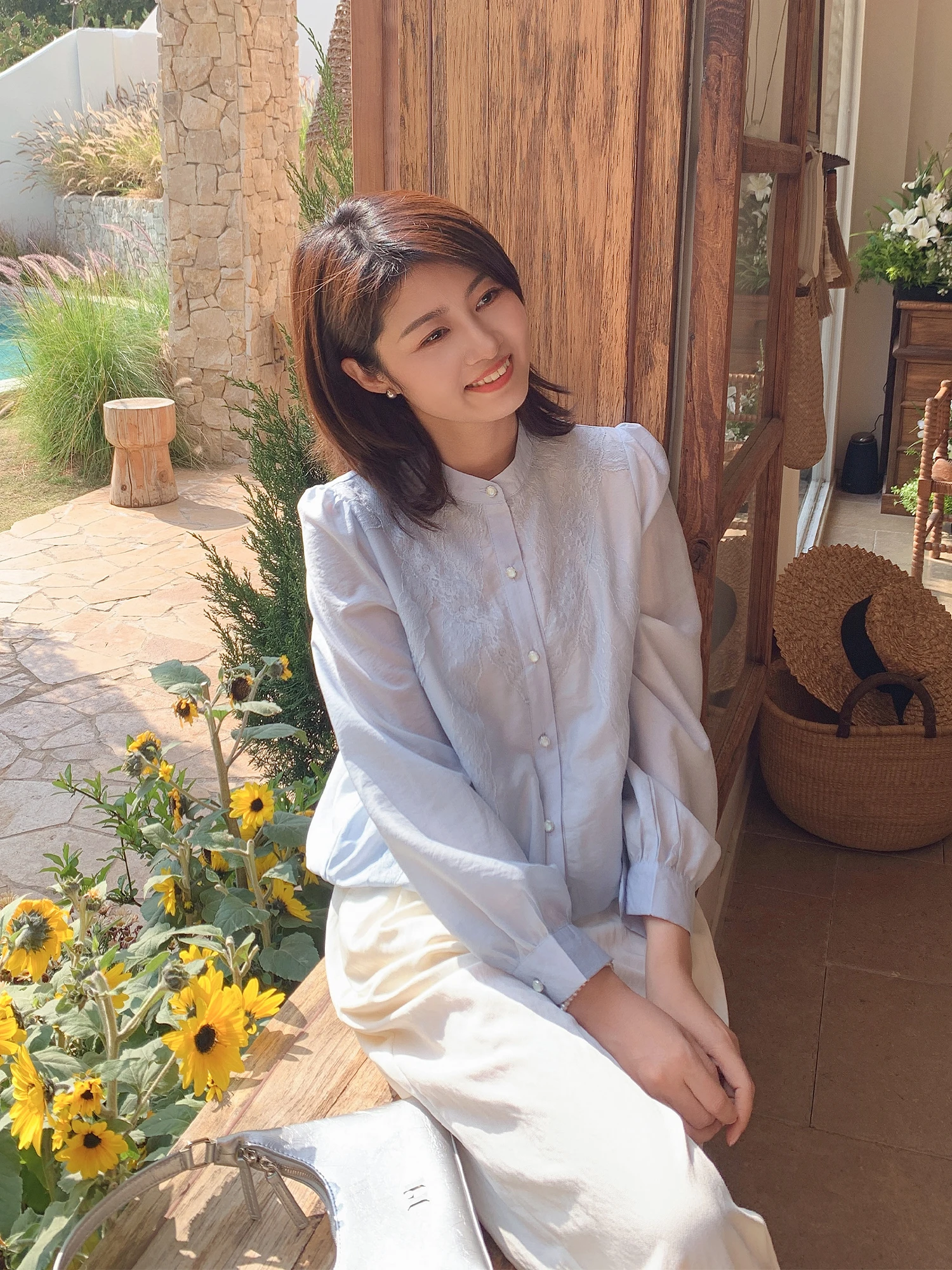 

Zillal ort Lace Patchwork Design Stand Collar Anti-Aging Women's irt Spring 2025 French Sle Loose Fit Long Sve Pure ...