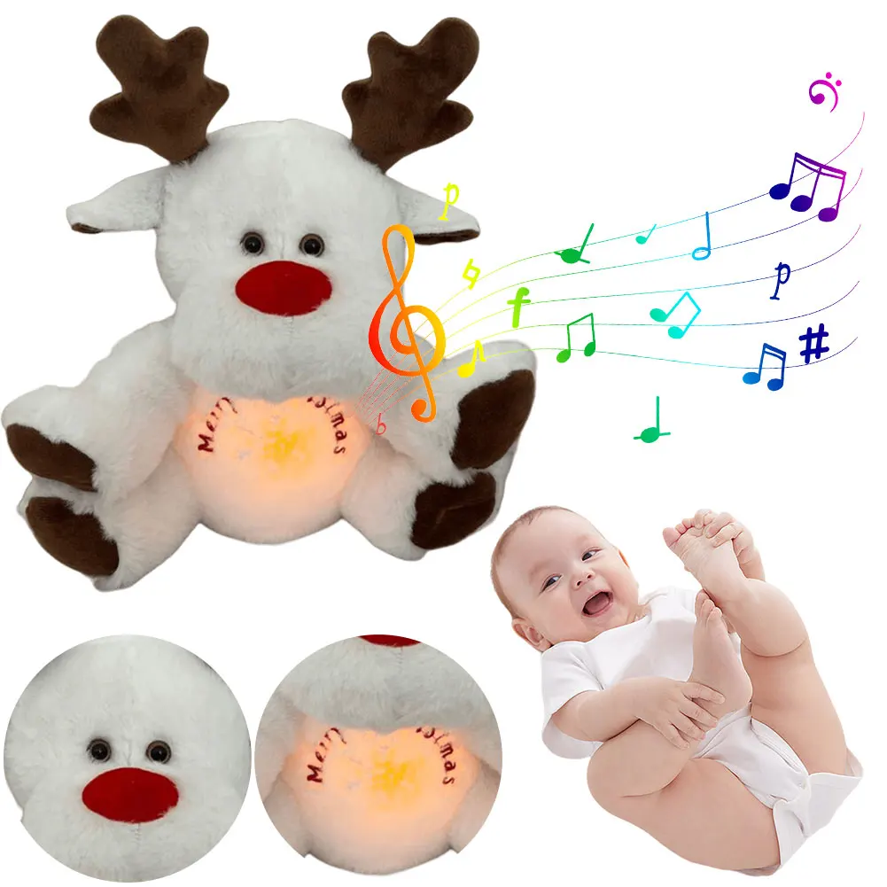 

Christmas Elk Plush Stuffed Animal with Music Lights Rhythmic Breathing Motion Baby Sound Machine Plush Doll Gifts for Newborns