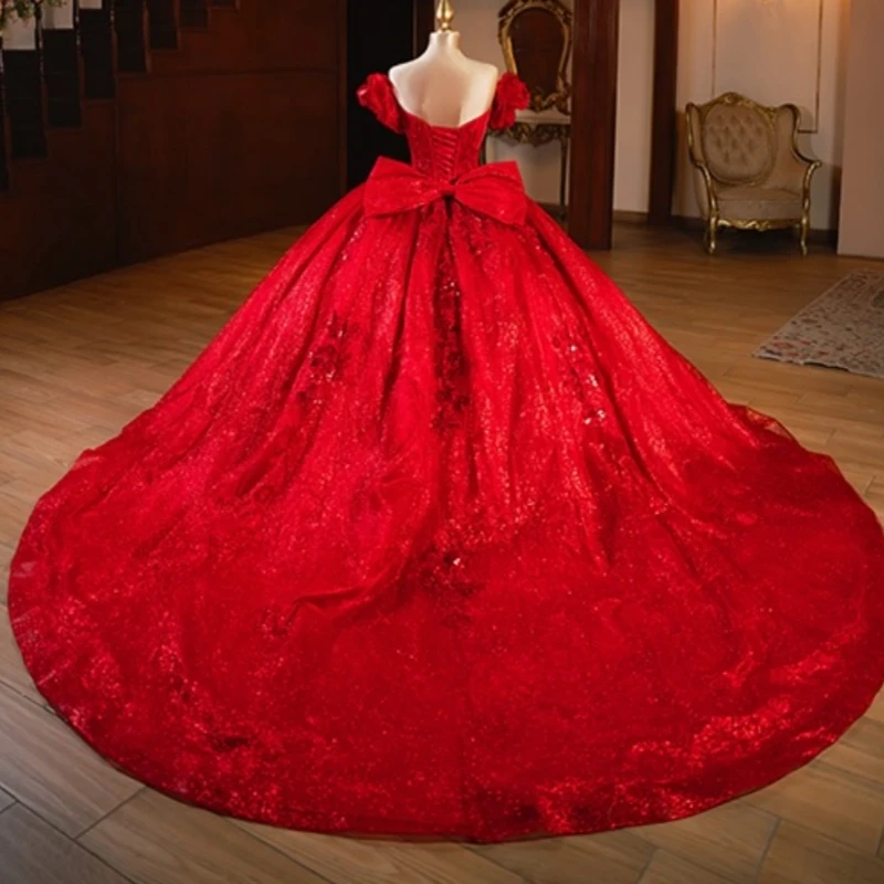 Vestidos De quinceañera rojos brillantes con hombros descubiertos, apliques De cuentas De encaje, lazo De tul, fiesta De cumpleaños, dulce 16, Vestidos De 15 De Anos