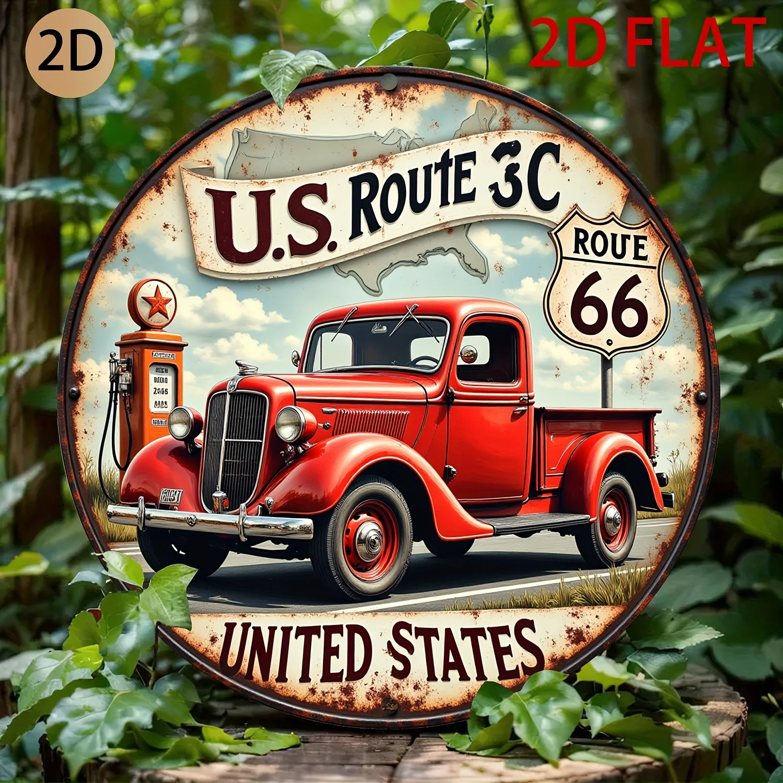 2D Flat, Vintage Route 66 Metal Wall Art - Retro Gas Station & Truck Design, Aluminum Circular Sign for Home Garage or Cafe, Ind