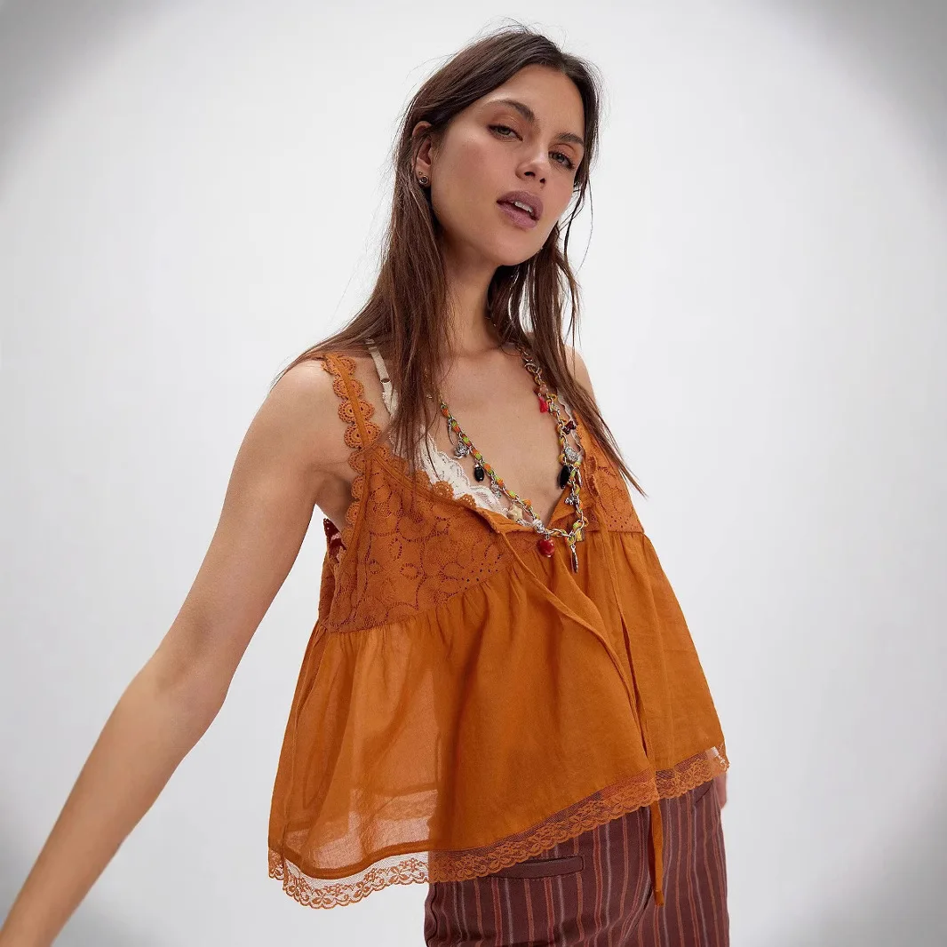 

Strap Blouse Cotton Floral Lace Tank Top for Women Casual Sleeveless Boho Beach Summer Blouses Shirts Lace-up Ladies Tops Blusas