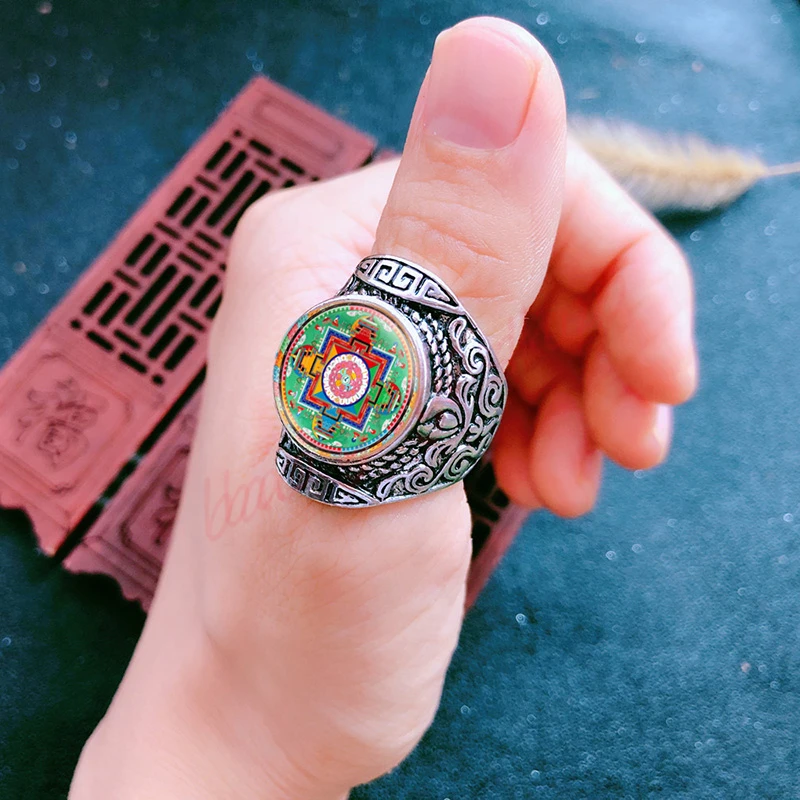 Tibetan hand-painted Thangka, Green Tara, herbalist Buddha, thousand hand Guanyin, open ring, men's ring, amulet, mascot