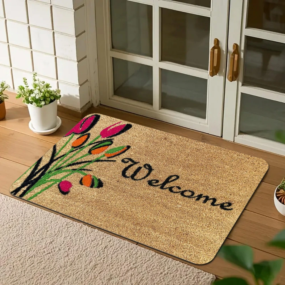 Sunflower Tulip Welcome Floral Print Doormat entryway front porch indoor hallway home decor Spring Summer Farmhouse Decor Mat