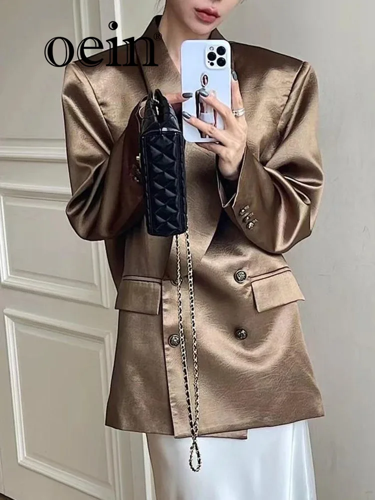 [oein]  Spring Korean Version Satin Silk Smooth Wide Version Suit Loose Shoulder Pad Gold Jacket 2024 Autumn Blazer Fashion